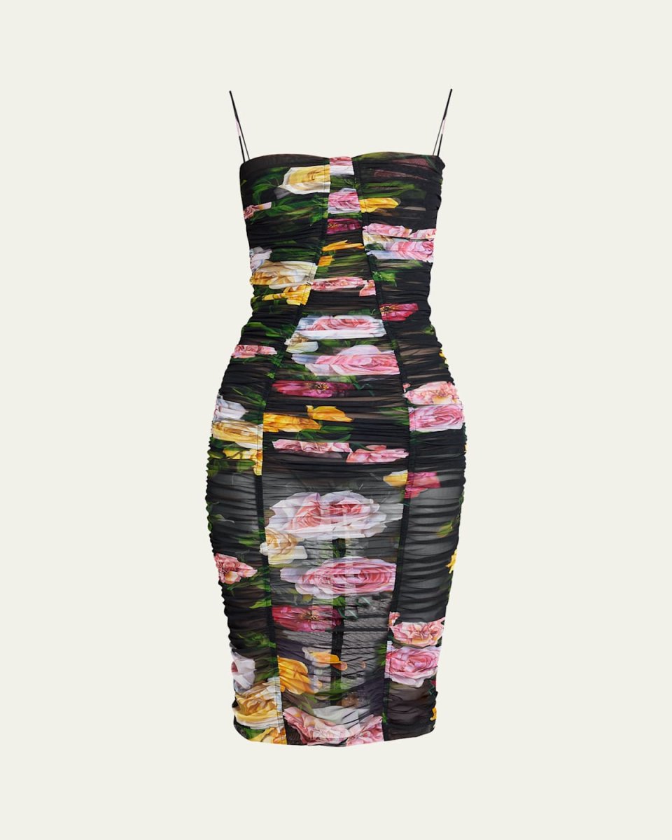 Rose Print Tulle Body-Con Draped Dress